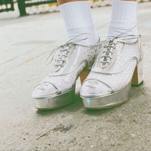 Chanel Silver Clear Heeled Oxfords Size 37